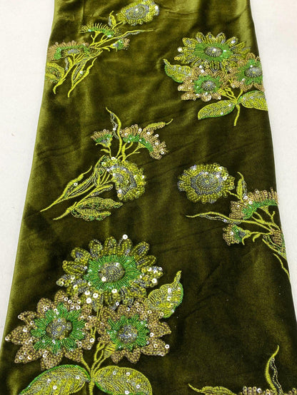 Velvet Embroidery Fabric: Beaded Pillar Design, 49"W Designer Material