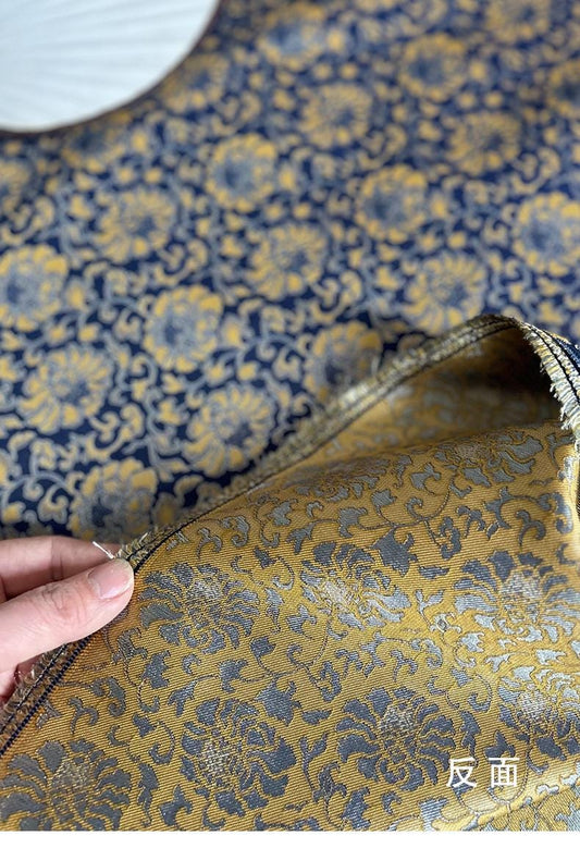 Tissu brocart pivoine : mélange de rayonne bleue et jaune, 140 cm de large
