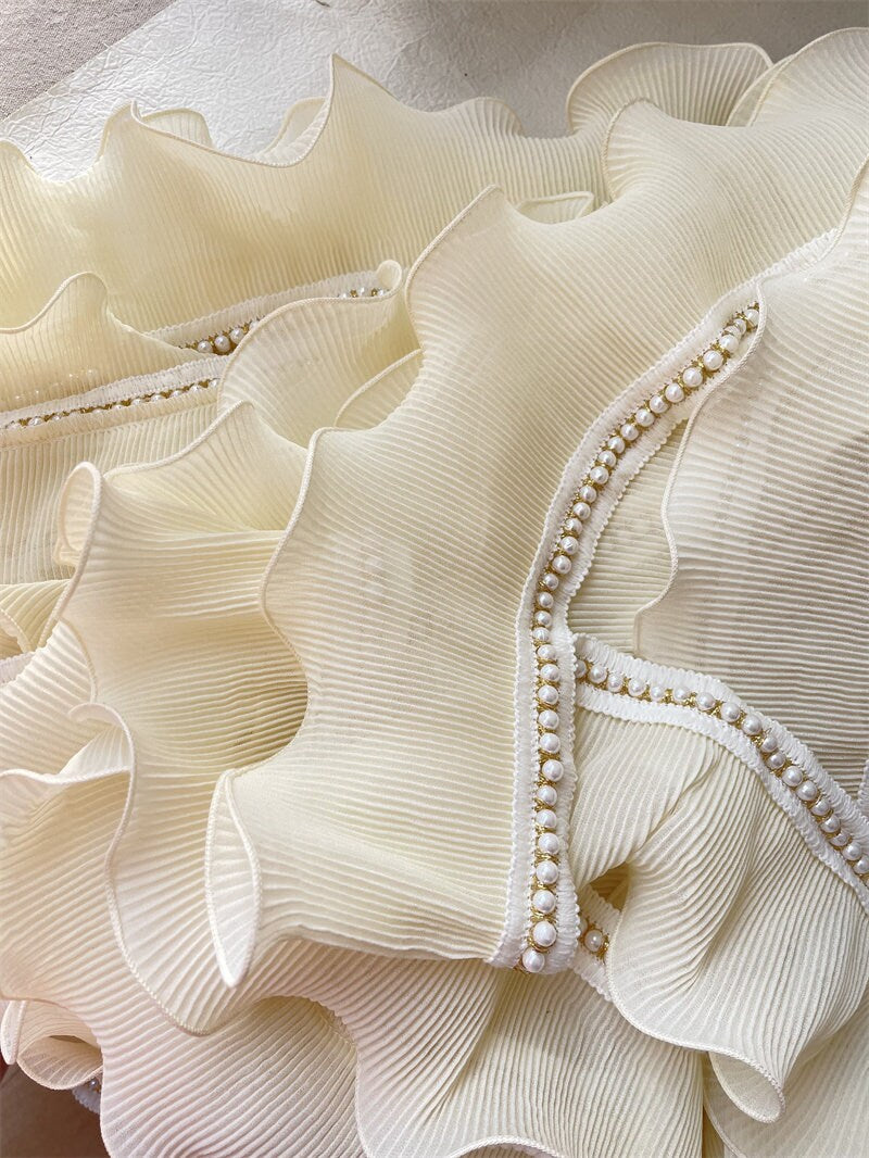 Ivory Pleated Chiffon Trim: Beaded Ruffled Fabric, 4.3" Width