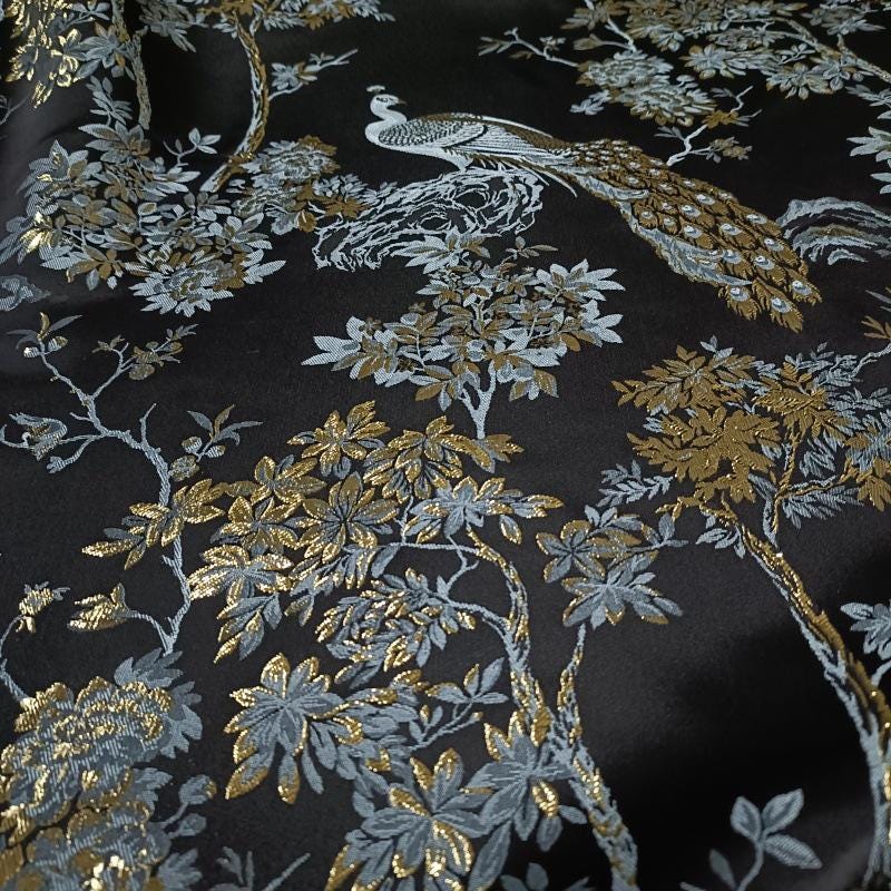 Peacock Embroidery Jacquard Fabric: Gold Thread Designer Fabric (57"W)