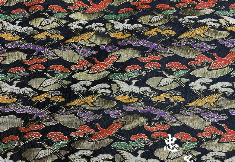 Silk Brocade Fabric: Japanese Crane Jacquard Satin, Home Decor
