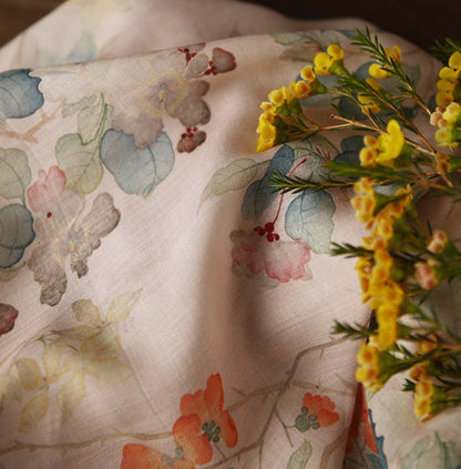 Floral Ramie Fabric: Dunhuang Ink Print, Natural Fiber, 57" Wide