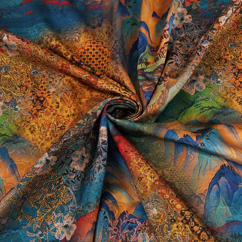 Tang Dynasty Painting Silk Fabric: 59"W Satin Upholstery, Costume, Decor - Poppylollipop