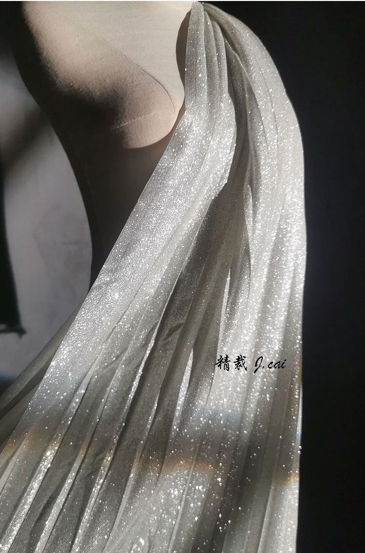 Silver Glitter Pleated Knitted Fabric: 59"W Crepe Cosplay Fabric