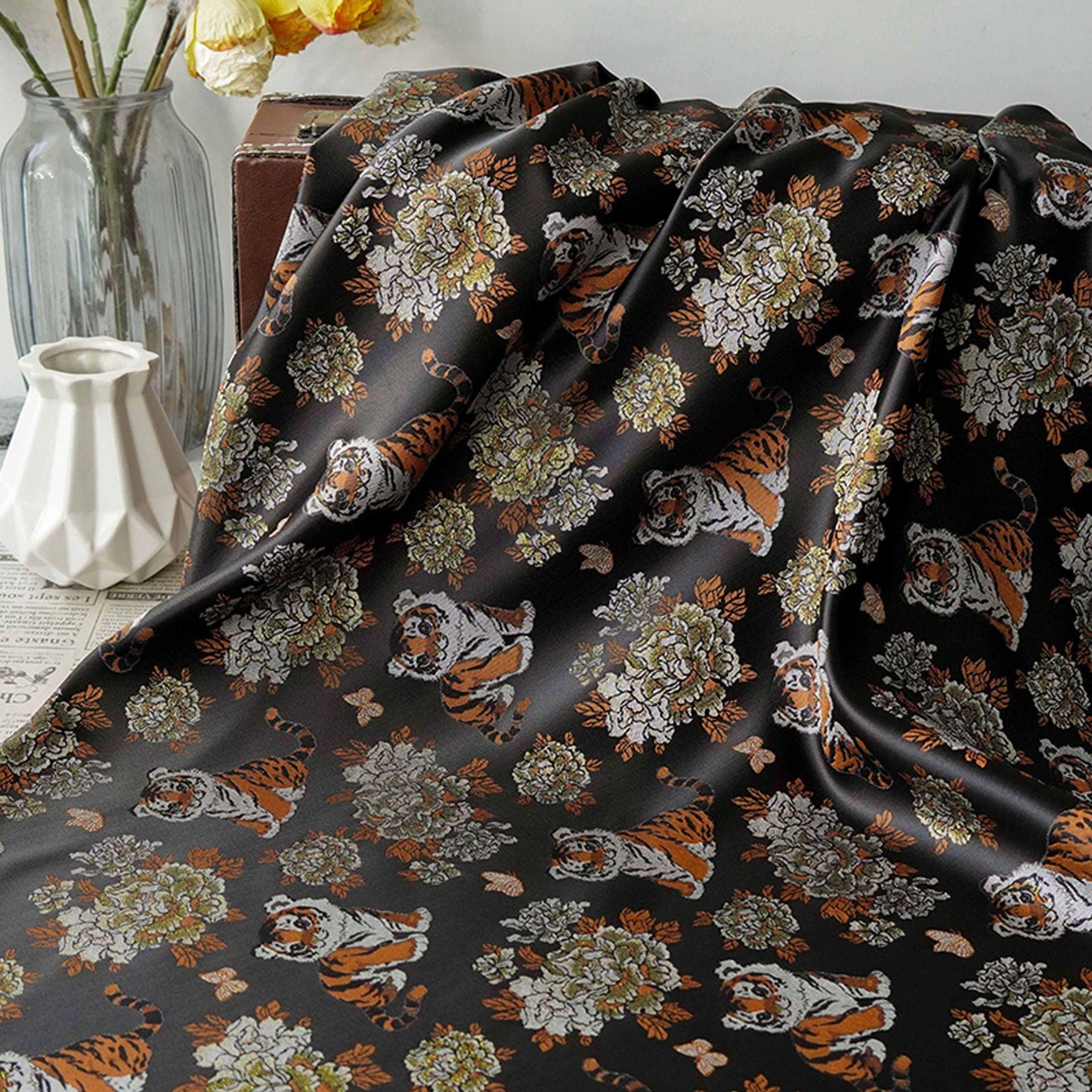 Tiger & Peony Brocade Fabric ��� Chinese Jacqua" Wide