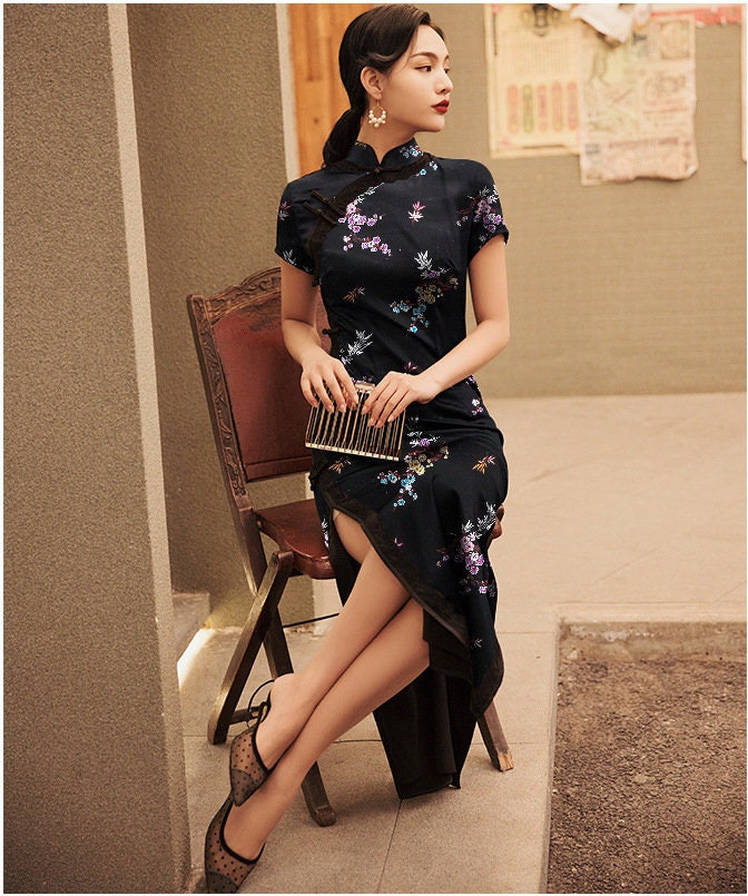 Black Plum Blossom Brocade Fabric: Cheongsam Qipao Sewing Material