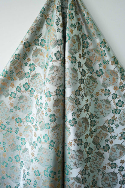 Green Brocade Fabric: Ancient Chinese Painting Pattern, 65" Wide
