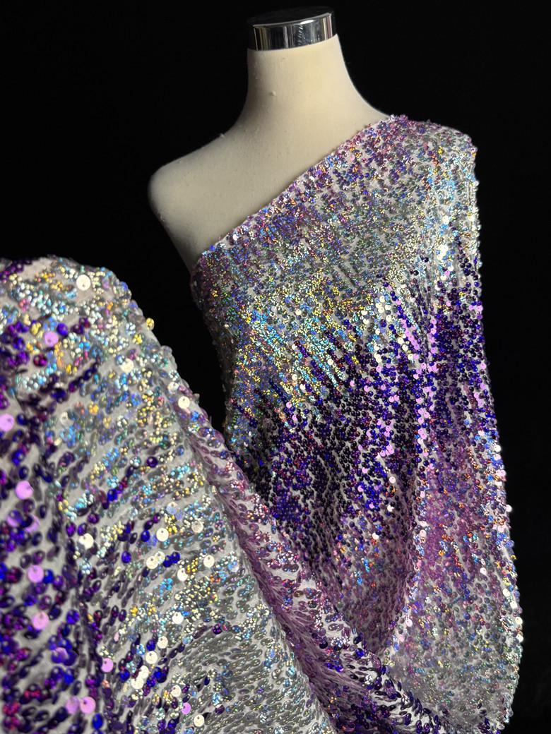 Ombre Purple Sequin Knit Fabric: Gradient Glitter, High-End Evening Wear