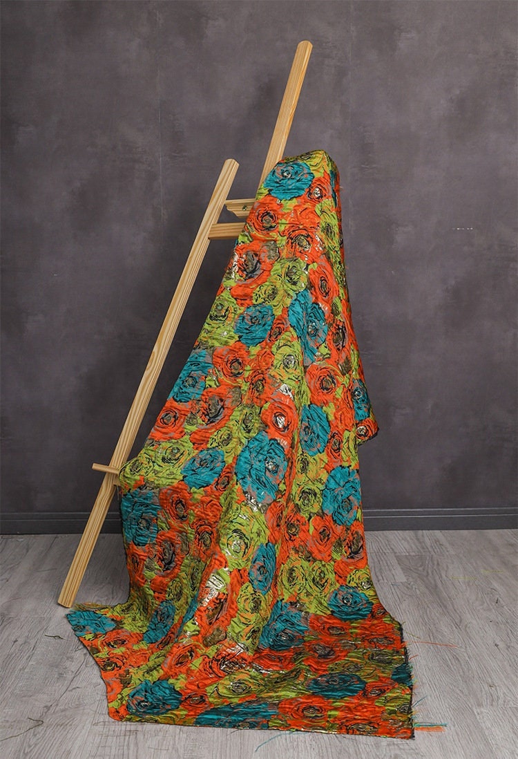 Rose Jacquard Fabric with Gold Thread: 3D Designer Material, 57"W