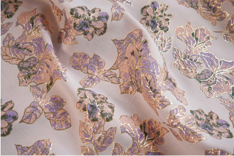 Gold Thread Floral Jacquard Fabric: 3D Cloisonne Texture, 55" Wide