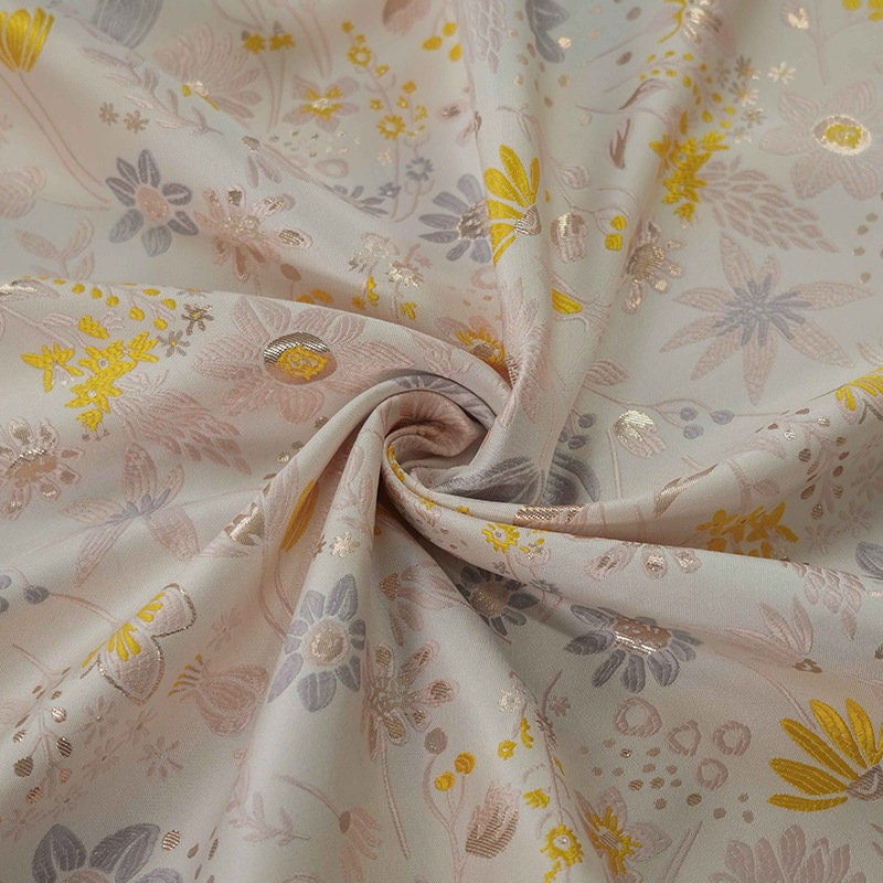 Light Pink Floral Jacquard Fabric: Gold Shimmering Embossed Woven, 57"W