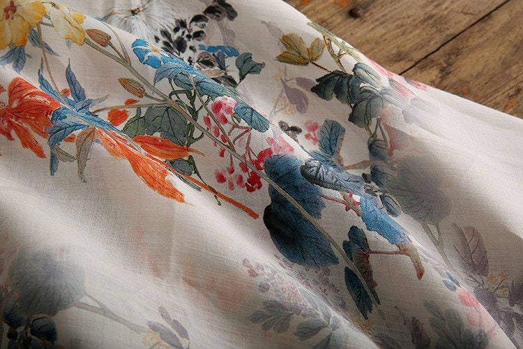 Floral Ramie Fabric: Ancient Ink Painting Print, 57" Wide