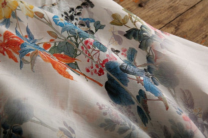 Floral Ramie Fabric: Ancient Ink Painting Print, 57" Wide