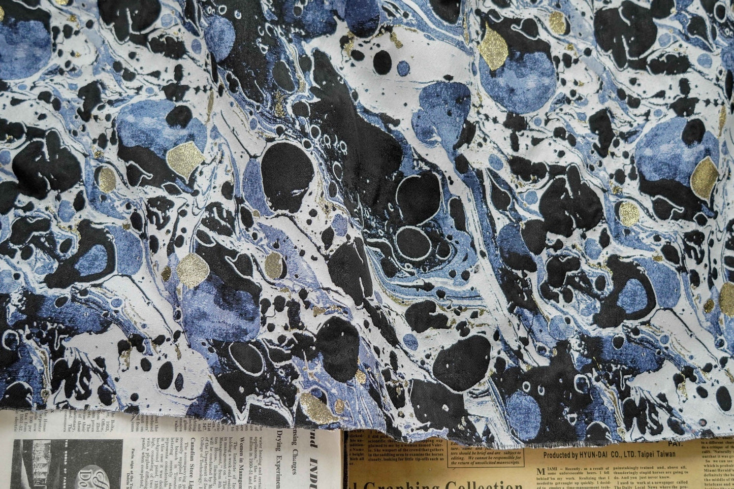 Blue Black Gold Splash Ink Jacquard Fabric: 59"W Upholstery