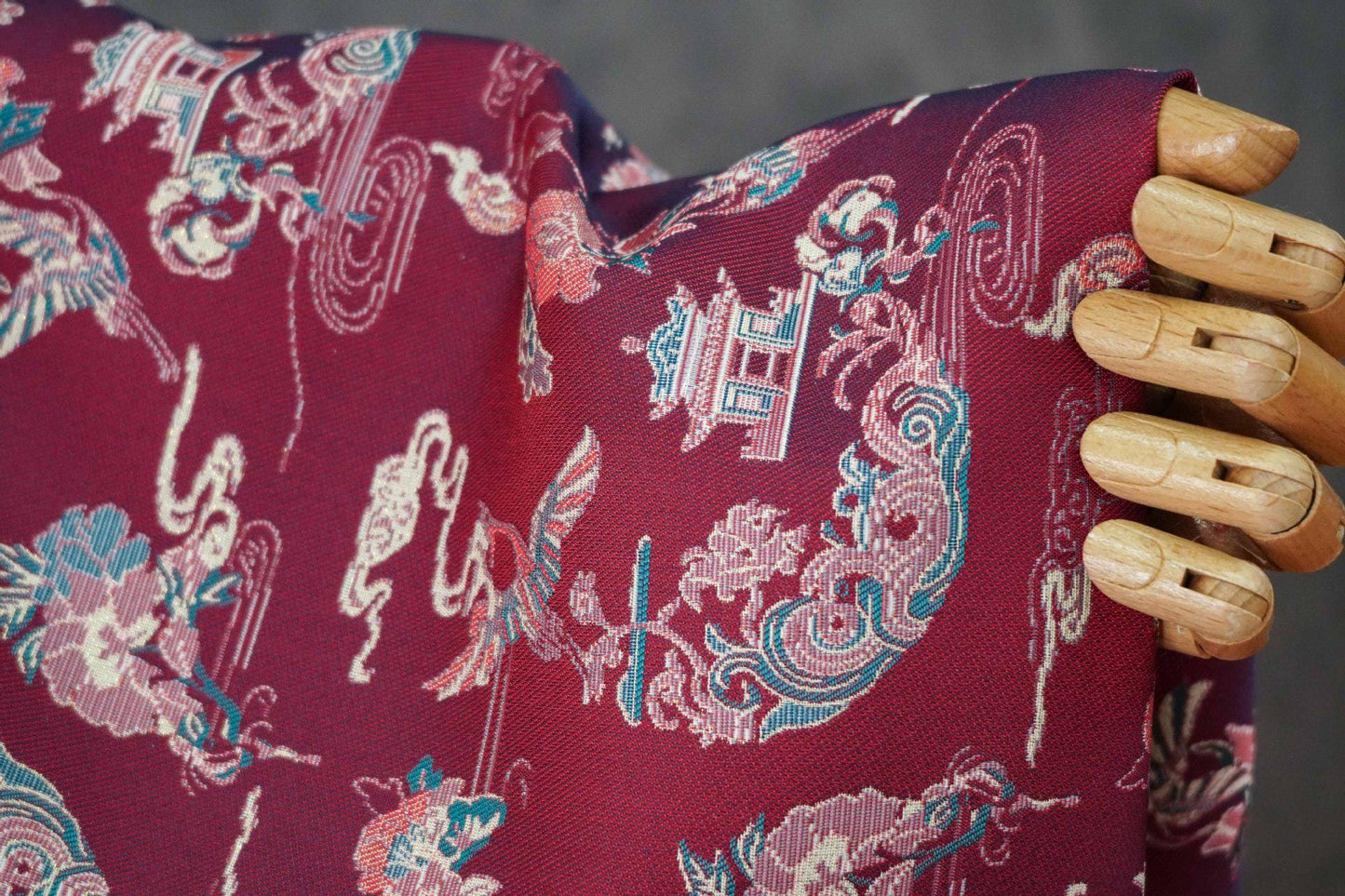 Tissu brocart satin jacquard Song : motif double grue et pivoine