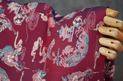 Tissu brocart satin jacquard Song : motif double grue et pivoine