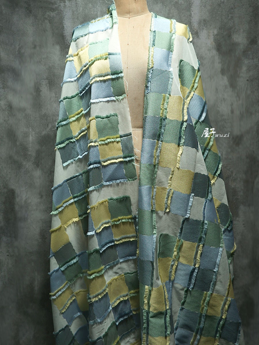 Plaid Patchwork Jacquard Fabric: Raw Edge Denim Style, 57" Wide