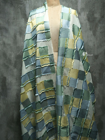 Plaid Patchwork Jacquard Fabric: Raw Edge Denim Style, 57" Wide