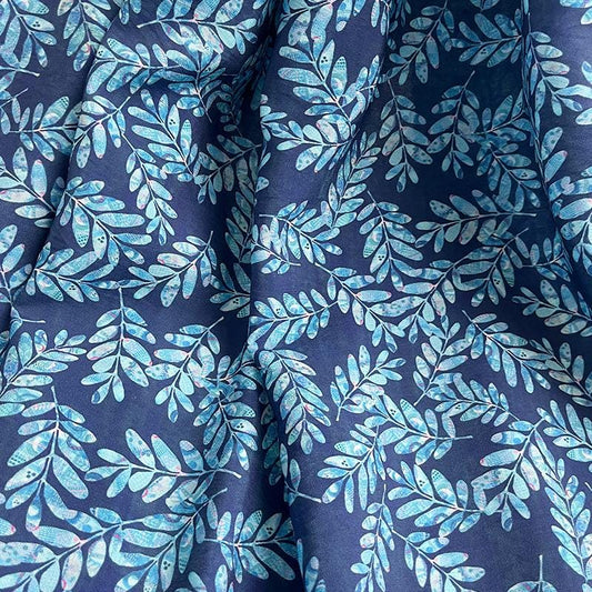 Blue Leaf Print Tencel Ramie Fabric: Sewing Material By The Meter