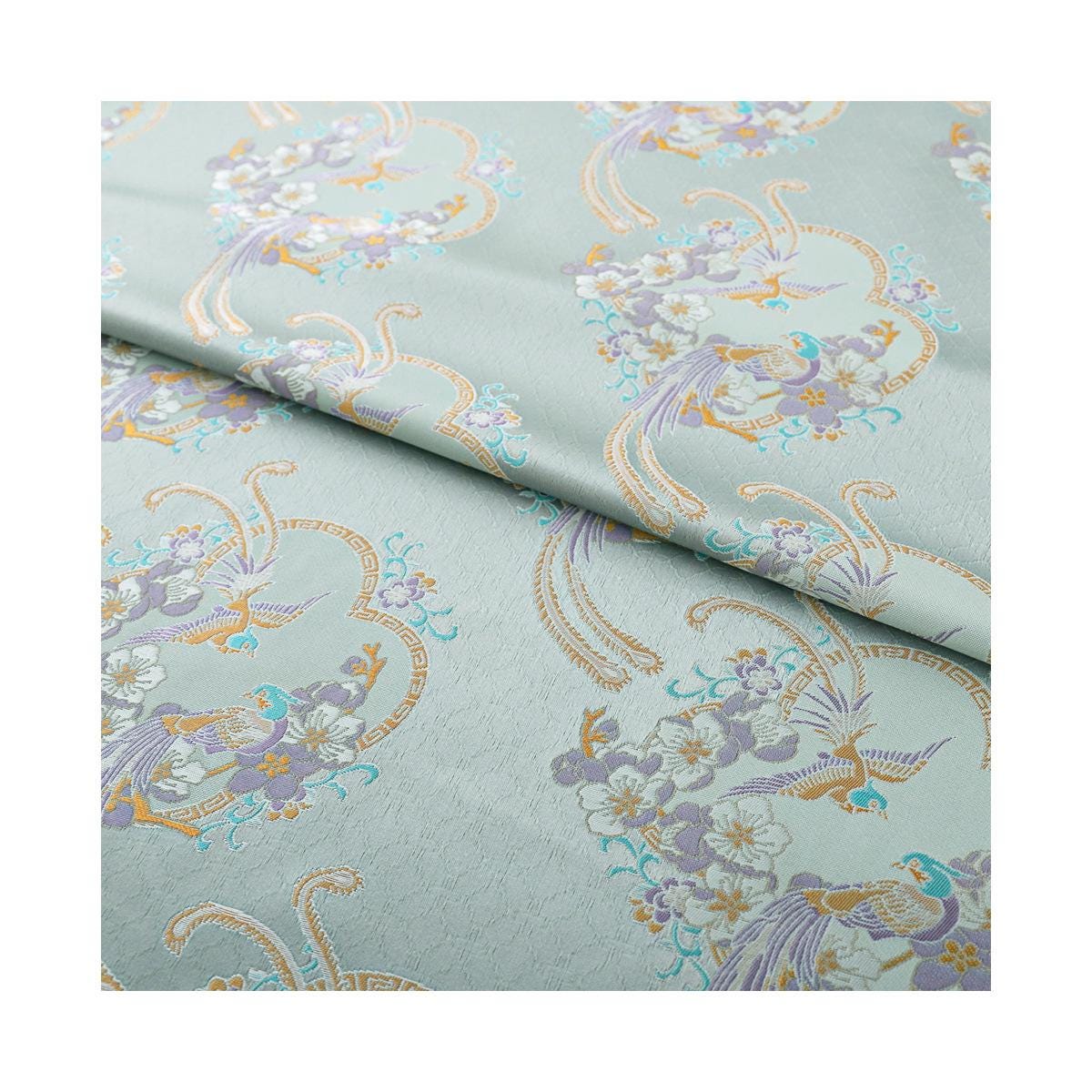 Tissu de kimono Nishijin bleu aqua : brocart floral à fils d'or (59"L)