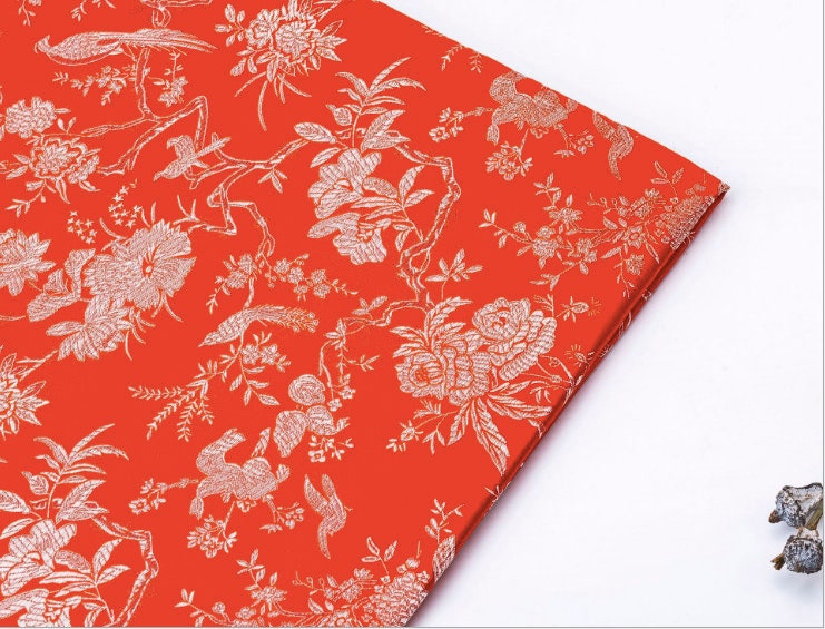 Bird & Azalea Brocade Fabric: Chinese Qipao Sewing Material