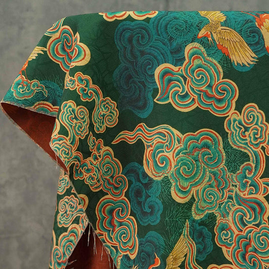 Auspicious Cloud Tea Silk Satin Fabric: Dark Green Upholstery, Costume, Drapery (59"W)