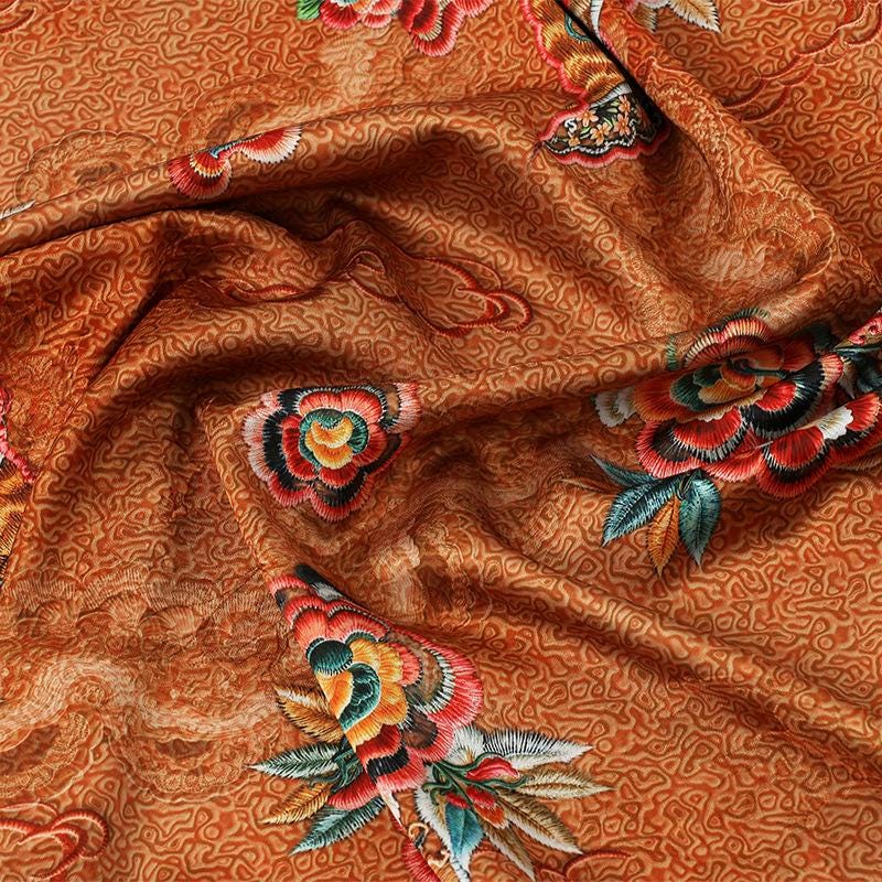 Ancient Painting Tea Silk Satin Fabric - 59"W Digital Print