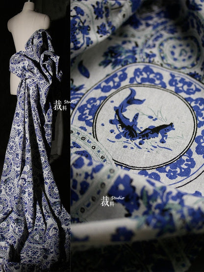 Handmade Linen Cotton Fabric: Floral Print DIY Material, 59" Wide