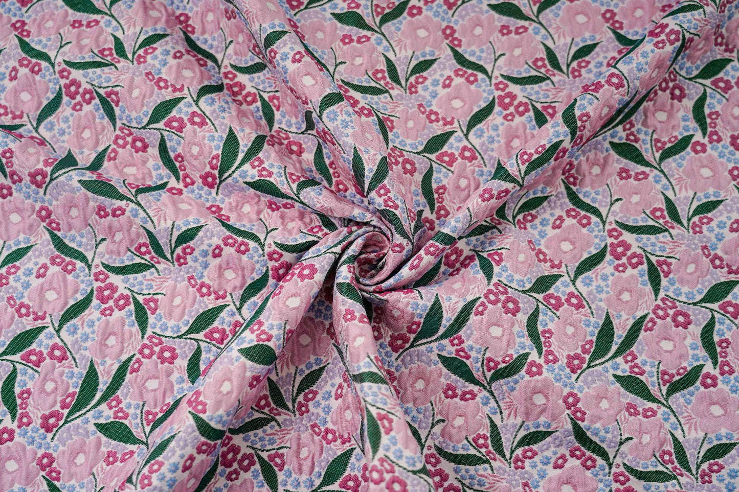 Pink Flower Jacquard Fabric: Embossed 3D Floral Design, 55" Wide