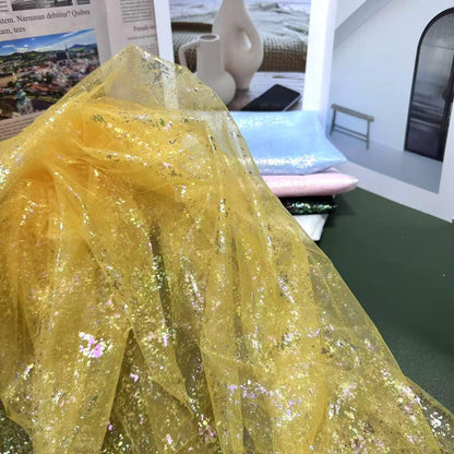 Tissu en maille holographique rigide effet sirène ��� Tulle orné de feuilles métallisées pour robes DIY et décorations de fête, vendu au ya"Large