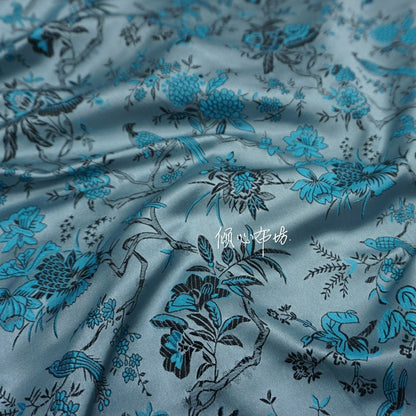 Blue Brocade Fabric: Bird & Azalea Print, 59" Wide