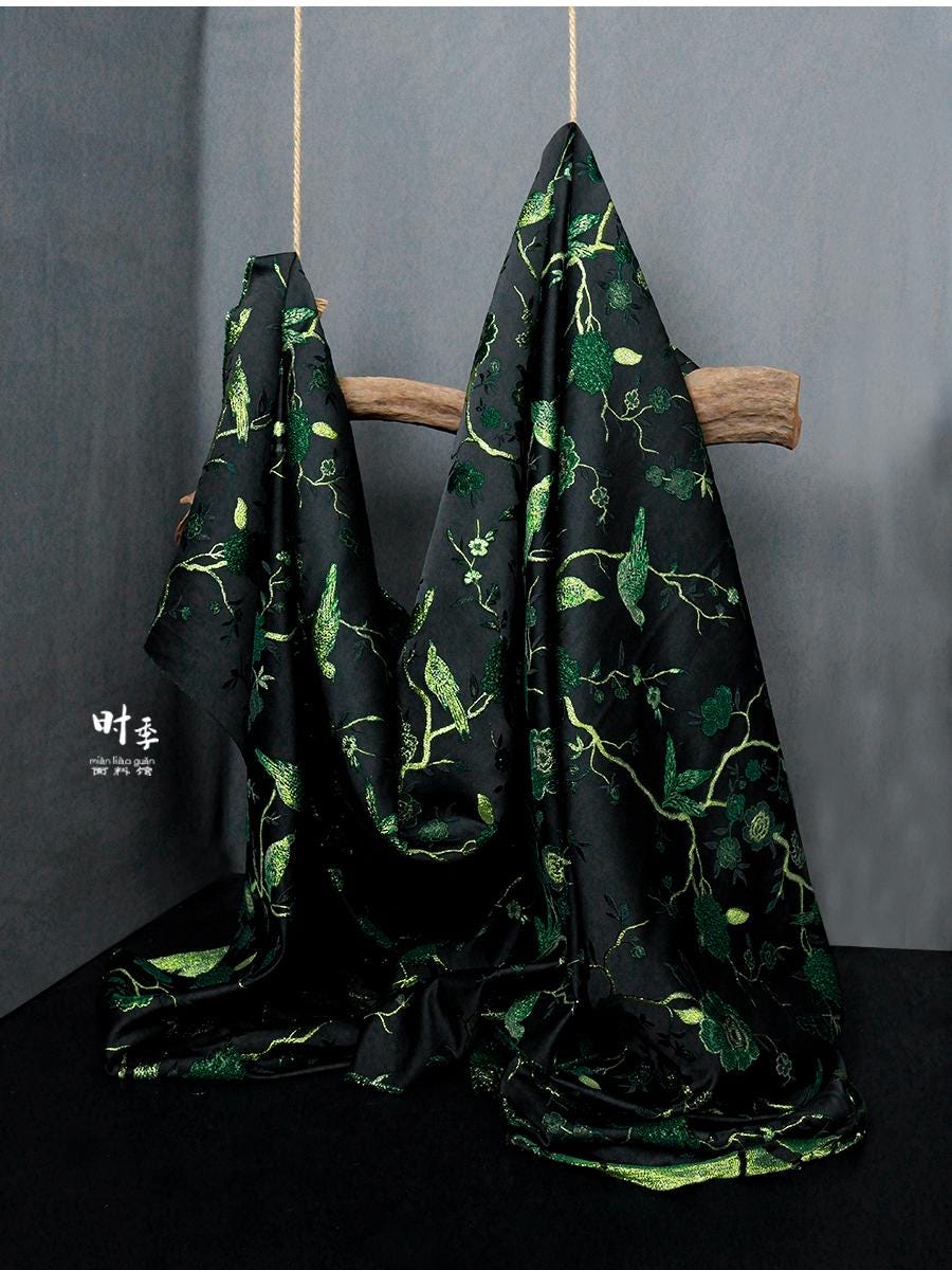 Black & Jade Green Brocade Fabric | 3D Textured Jacquard, 55" Wide