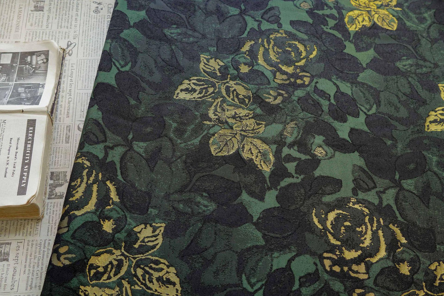 Green Jacquard Woven Fabric: 3D Gold Thread Embossed Texture, 61"W - Upholstery & Costume
