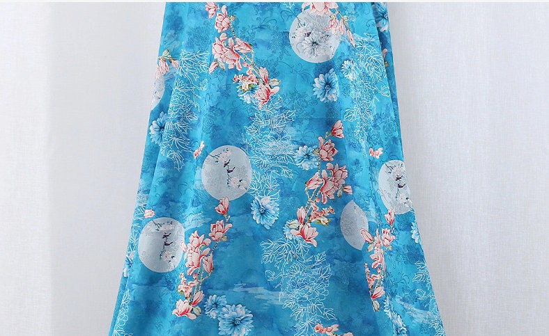 Teal Floral Tea Silk Satin Fabric: Digital Print, 59" Wide