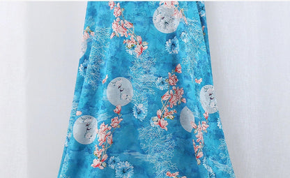 Teal Floral Tea Silk Satin Fabric: Digital Print, 59" Wide