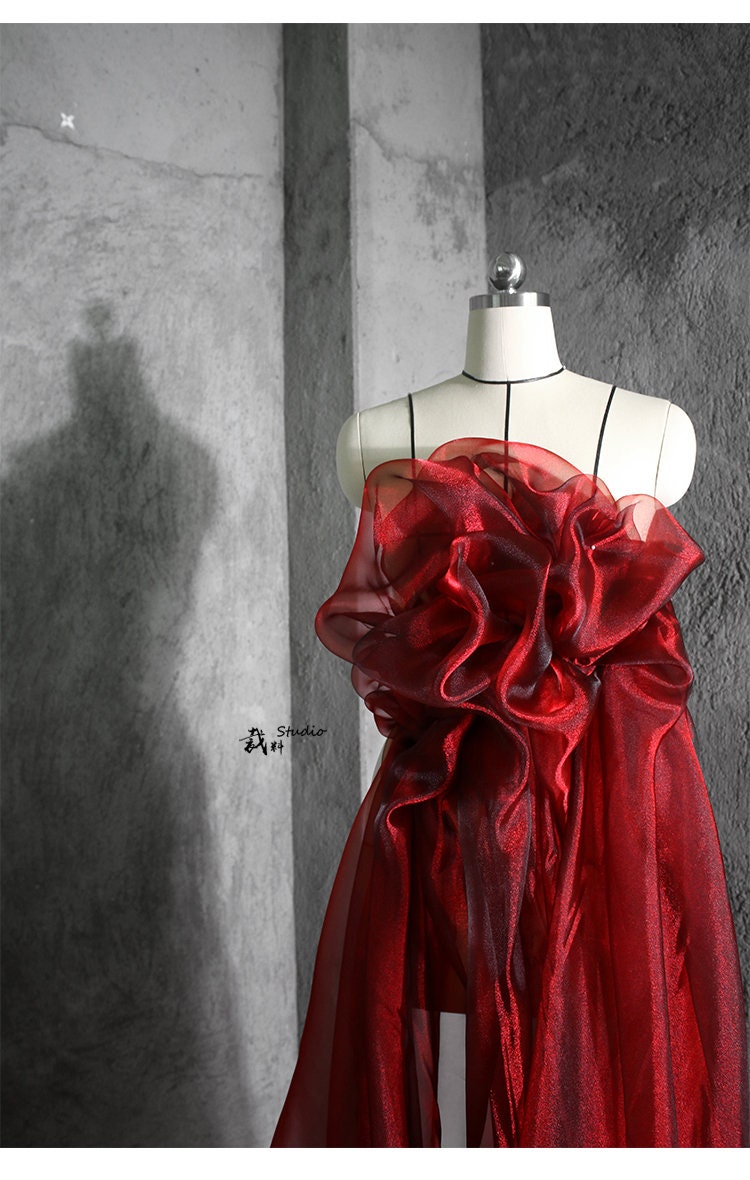Red Glitter Organza Fabric: Sheer Crystal Yarn, 57" Wide, Wedding Dress Lace