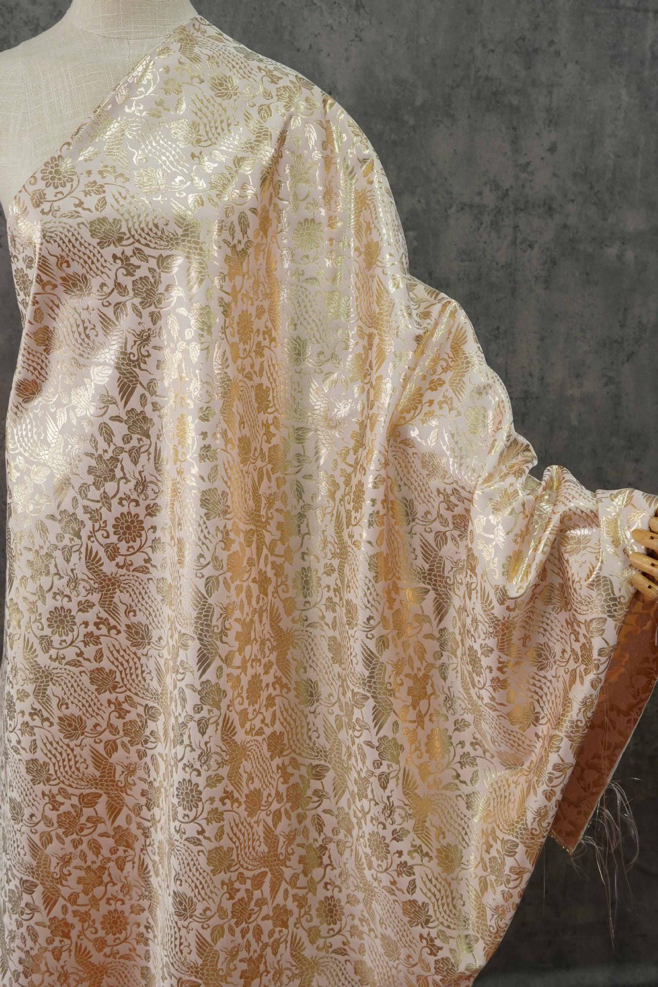 Gold Thread Jacquard Fabric: 3D Foil Flower Texture, 63" Wide - By The Meter