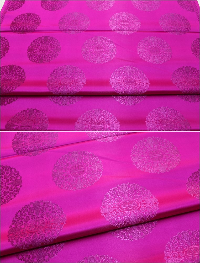 Chinese Fu Symbol Brocade Fabric: Floral Jacquard Satin (29.5"W)