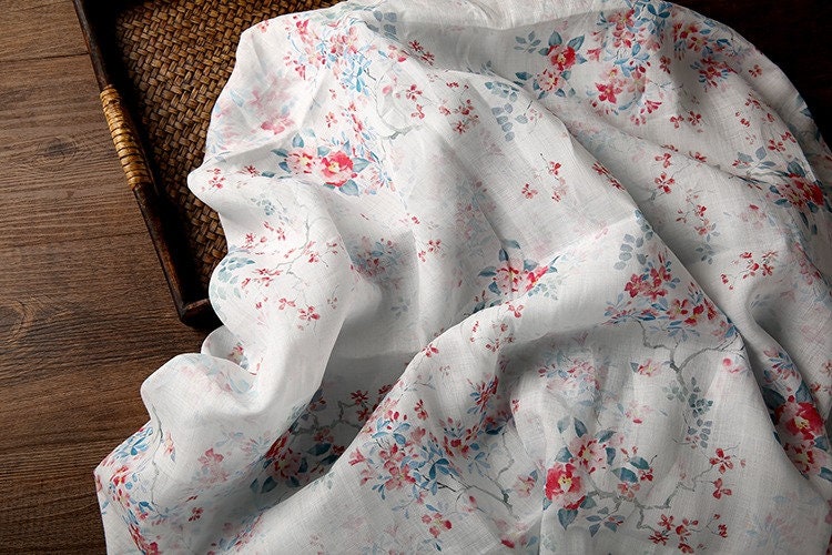 Floral Ramie Fabric: White Cotton Flower Print, 57" Wide