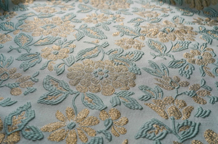 Gold Thread Floral Jacquard Fabric: Mint Green 3D Texture (55" W)