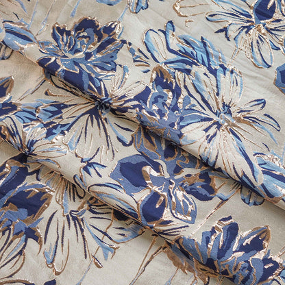 Tissu jacquard floral bleu à fil doré : 150 cm de large, gaufré, pour ameublement