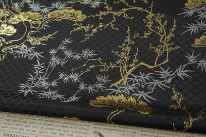 Japanese Kirin Nishijin Brocade Fabric: Black Upholstery, Costume, Decor (65" Wide)