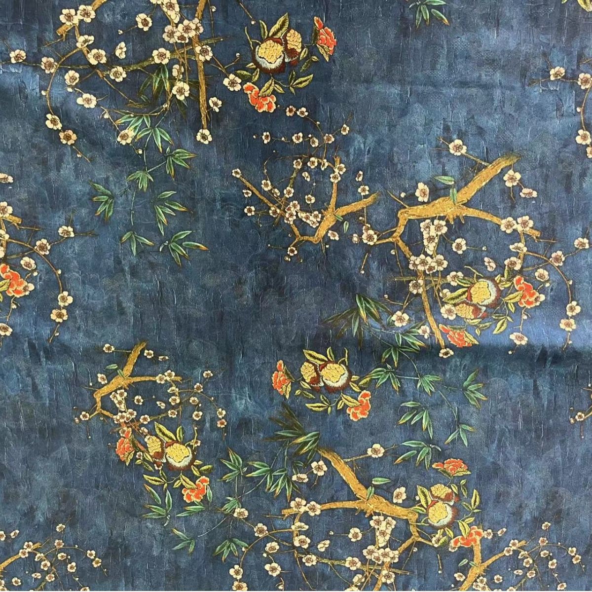 Tissu en soie bleu sarcelle effet thé : satin imprimé floral, 150 cm de large