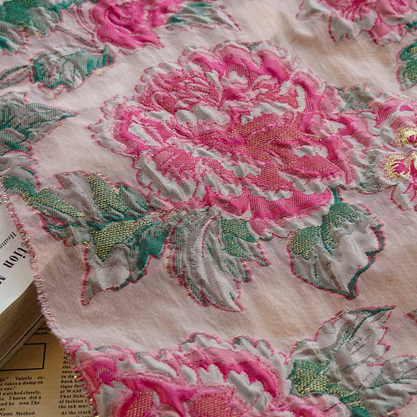 Embossed Flower Jacquard Fabric: 3D Gold Thread Design, 55" Wide