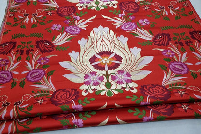 Tissu brocart de soie rouge : motif floral pivoine, 74 cm de large, tissu pour mariage