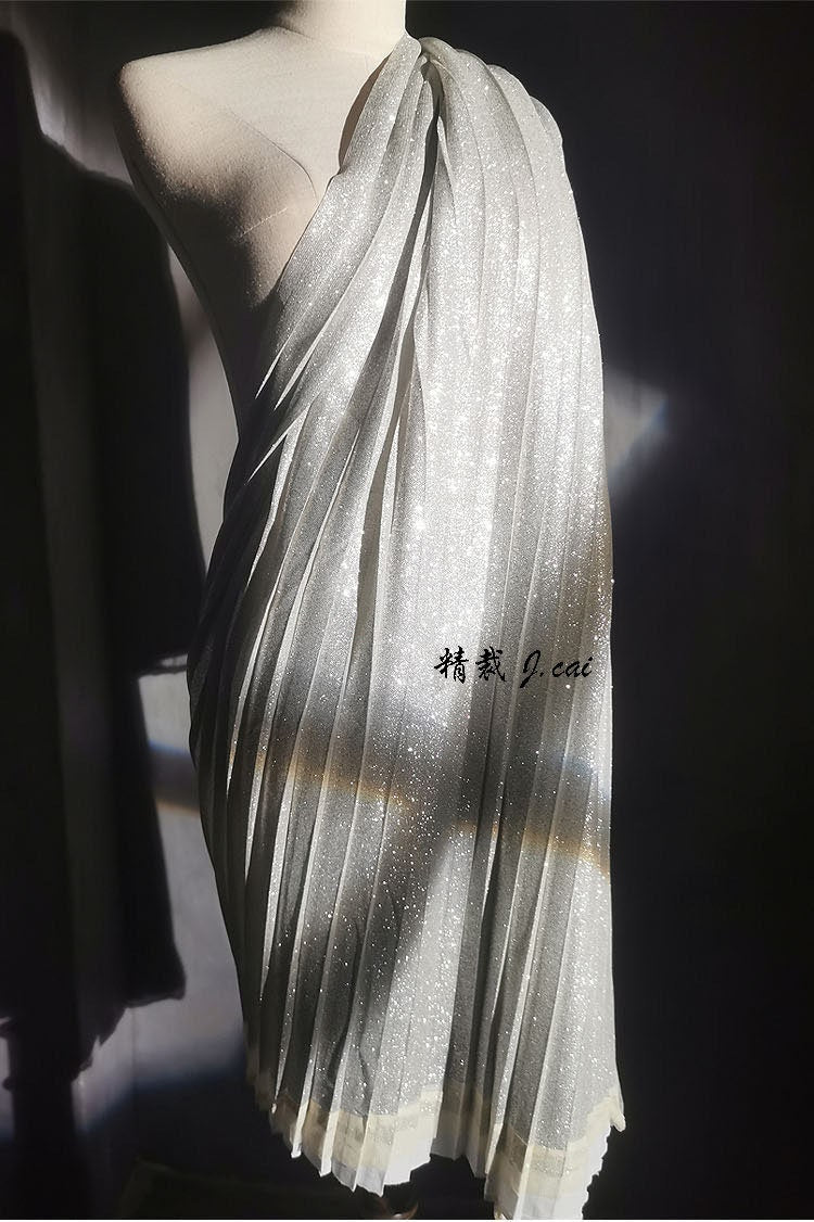Silver Glitter Pleated Knitted Fabric: 59"W Crepe Cosplay Fabric