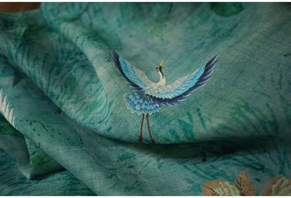 Jade Green Ramie Fabric: Crane Print, Soft Home Textile, 55"W