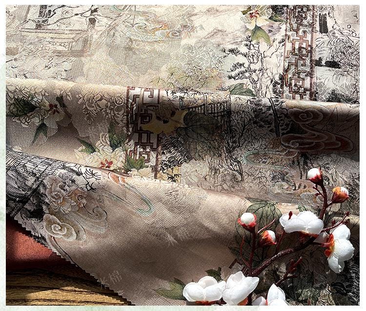 Floral Window Gambiered Canton Gauze Fabric - Daiwa Brocade, 59" Wide