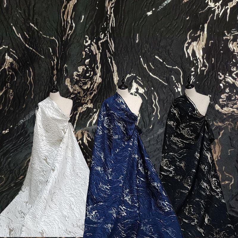 Gold & Blue Jacquard Fabric: 3D Texture Mercerized Designer Fabric