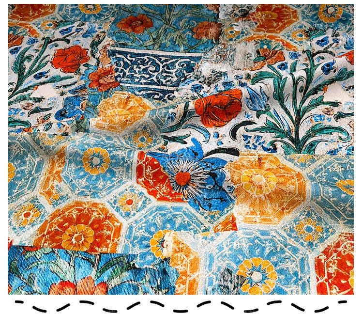 Persian Floral Cotton Fabric: Enamel Style Print, Quilting & Dressmaking, 55" Wide